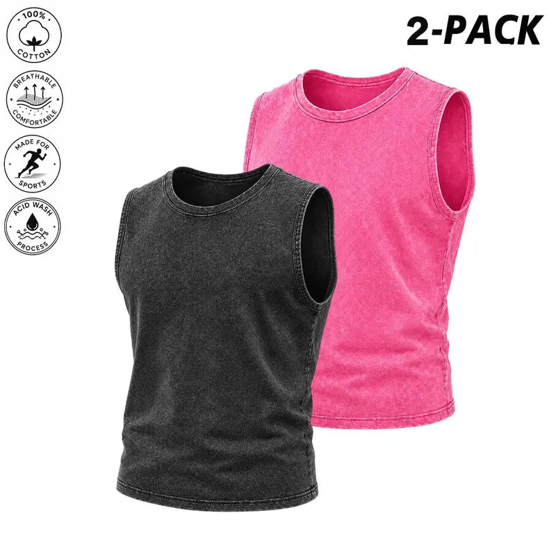 2-pack acid-wash tank tops — unisex sleeveless cotton muscle T-shirts and loose retro street-style cropped tops, suitable for summer layering and casual wear