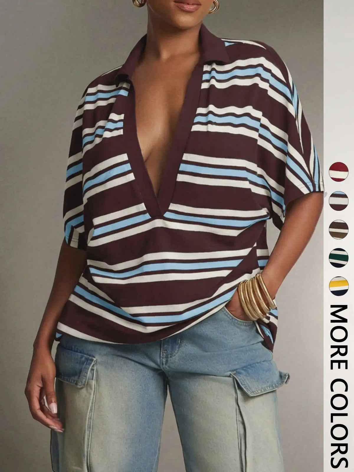 Deep V Collar Striped Polo Shirt, Loose-Fit Short Sleeve Casual Top, European and American Style T-Shirt, Comfortable and Stylish, V Neck Polo
