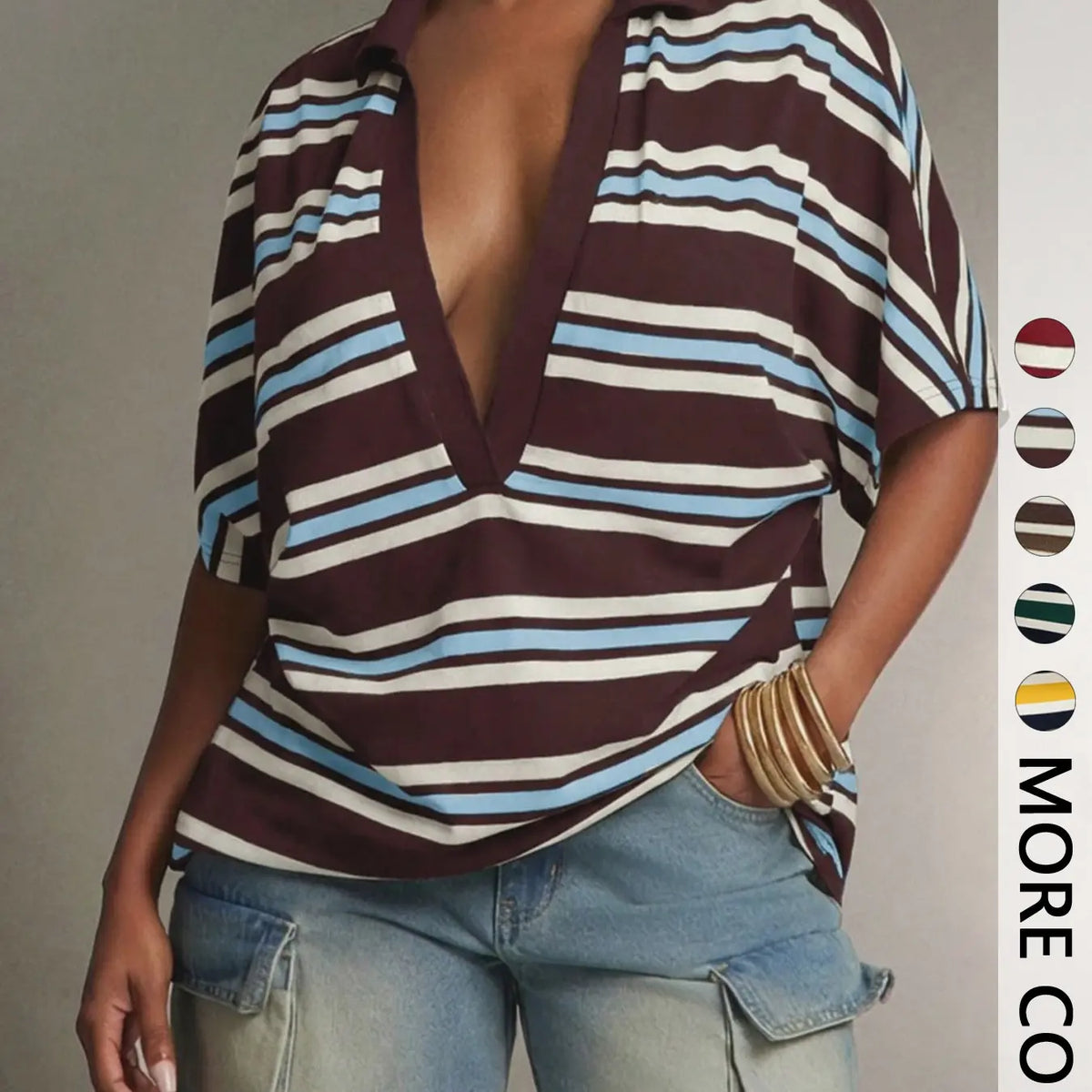 Deep V Collar Striped Polo Shirt, Loose-Fit Short Sleeve Casual Top, European and American Style T-Shirt, Comfortable and Stylish, V Neck Polo
