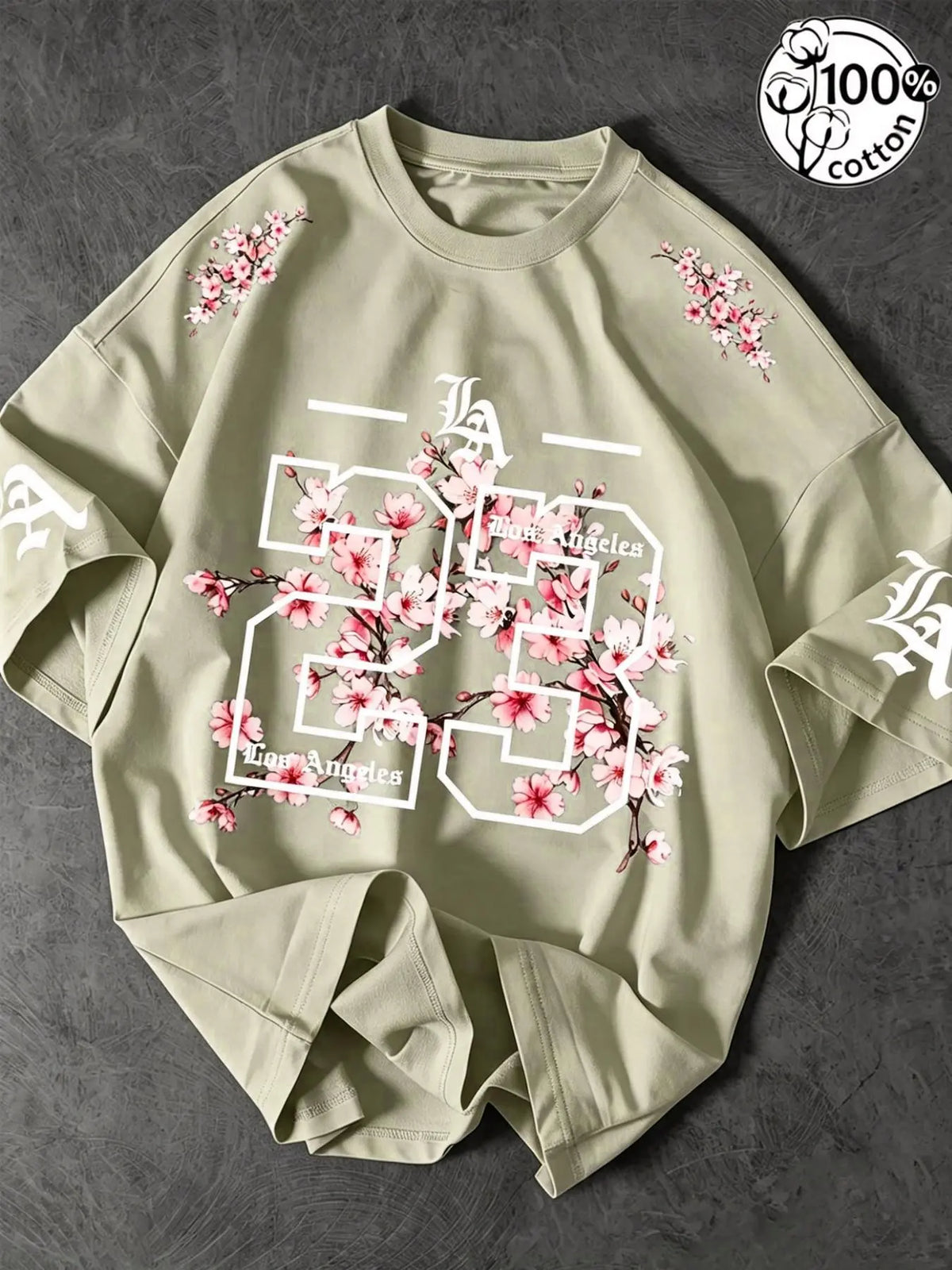 Unisex 100% Cotton Oversized Round Neck Aesthetic T-Shirt, Los Angeles 23 Gothic Cherry Blossom Print, Y2K Streetwear Top