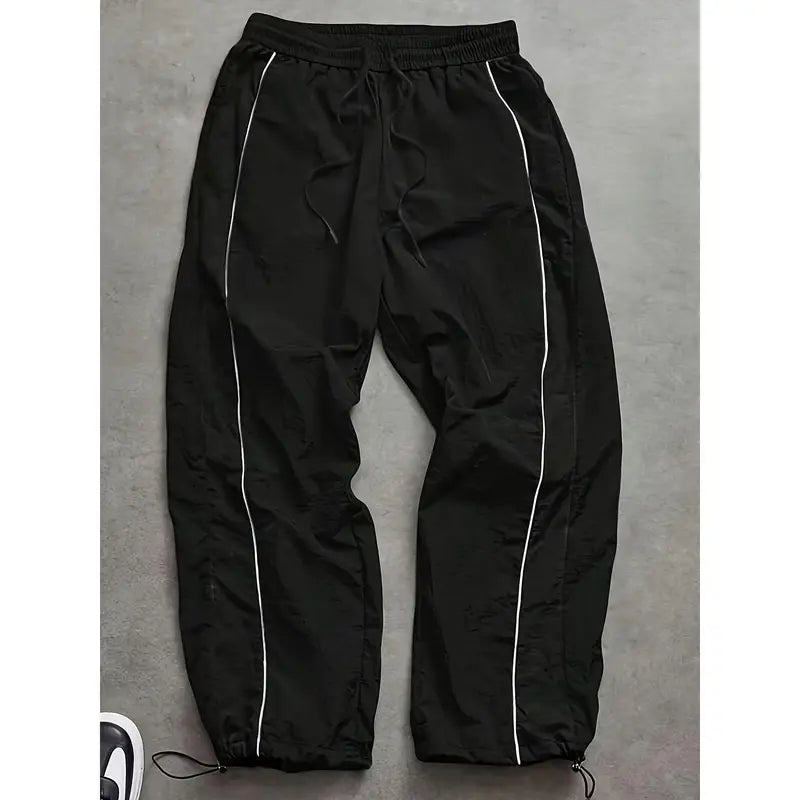 Men's Lightweight Breathable Wide Leg Pants - Reflective Stripe Casual Track Pants with Adjustable Drawstring & Cuffs