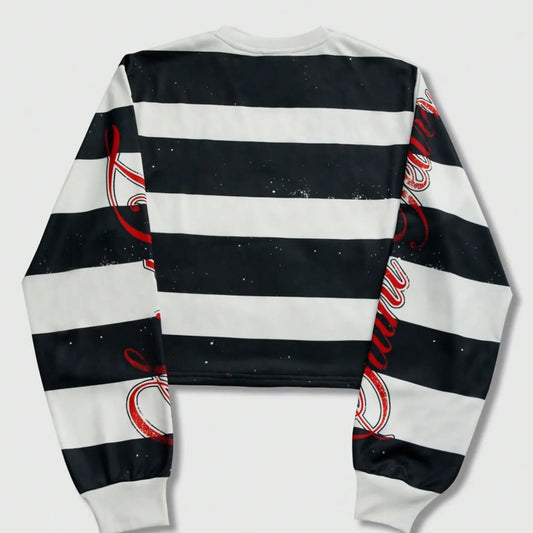 Unisex Eye Print Long Sleeve Sweatshirt, Black and White Striped Lightweight Crew Neck Top for Spring & Fall, Loose Fit Vintage Streetwear, Casual Print Clothes