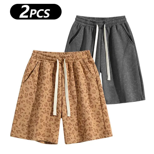 Men's Cotton Blend Sweat Shorts Casual Athletic Lounge, Loose Fit Drawstring with Pockets, Leopard Print Acid Wash, for Summer Workouts, Streetwear & Gym-to-Lounge