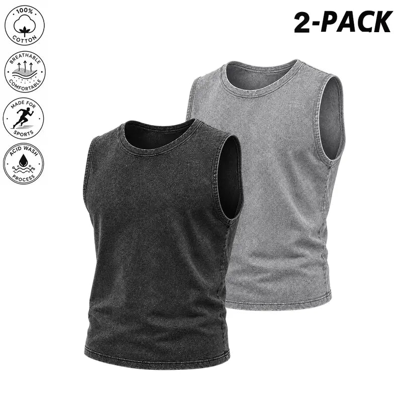 2-pack acid-wash tank tops — unisex sleeveless cotton muscle T-shirts and loose retro street-style cropped tops, suitable for summer layering and casual wear