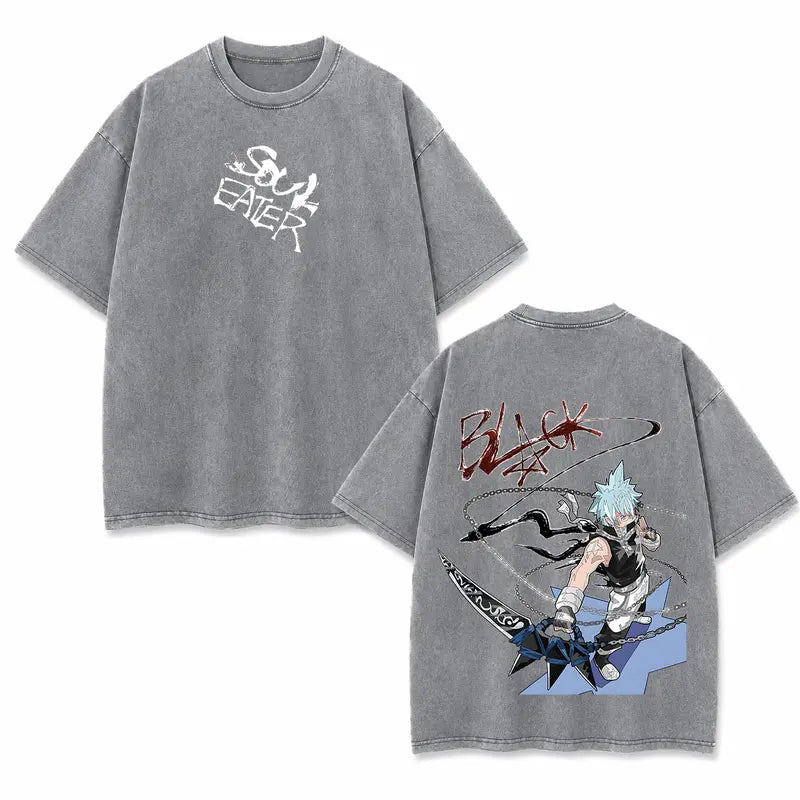 Unisex Soul Eater Black Star Anime Washed Cotton Crew Neck Short-Sleeve Sports T-Shirt - Men's Clothing, Double-Sided Japanese Manga Graphic Tee, Retro Streetwear, Regular Fit Summer Top, Gifts for Boyfriends, Cool Gifts for Guys, Shirts Graphic Tees