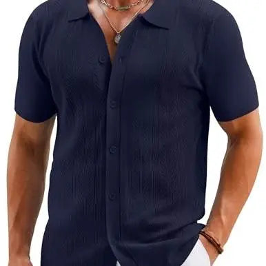COOFANDY Mens Knit Button Down Shirts Short Sleeve Vintage Polo Shirt Casual Vacation Beach Shirts