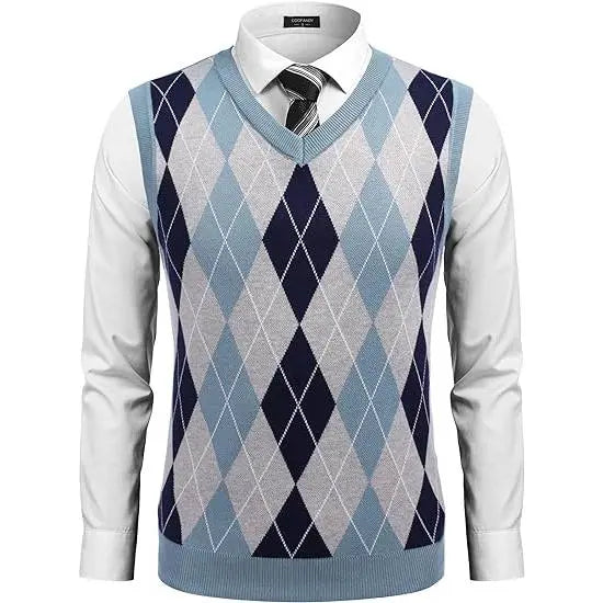 Fall Outfits Men's V-Neck Sleeveless Argyle Sweater Vest Slim Fit Casual Knitted Pullover for Spring Autumn Winter Office Wear & Party Events