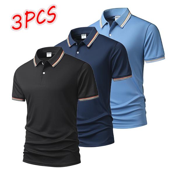 3-pack men's polo shirts with striped collar and cuffs, available in multiple color combinations, perfect for business and casual wear