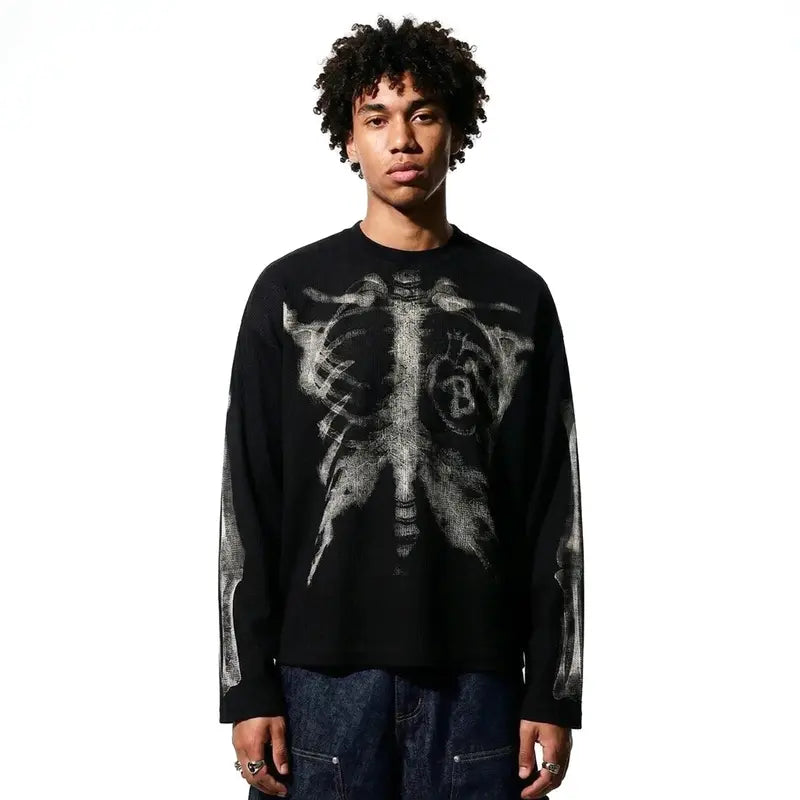 inflation Men's Oversized Alt Knitwear Thermal Long Sleeve Shirt - 65% Cotton 35% Polyester Clothing, Skeleton Ribcage X-Ray Graphic Shirt, Fashion Streetwear Top, Round Neck, XL (Pairs with Jeans)