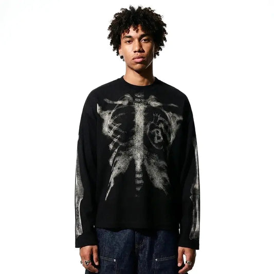 inflation Men's Oversized Alt Knitwear Thermal Long Sleeve Shirt - 65% Cotton 35% Polyester Clothing, Skeleton Ribcage X-Ray Graphic Shirt, Fashion Streetwear Top, Round Neck, XL (Pairs with Jeans)