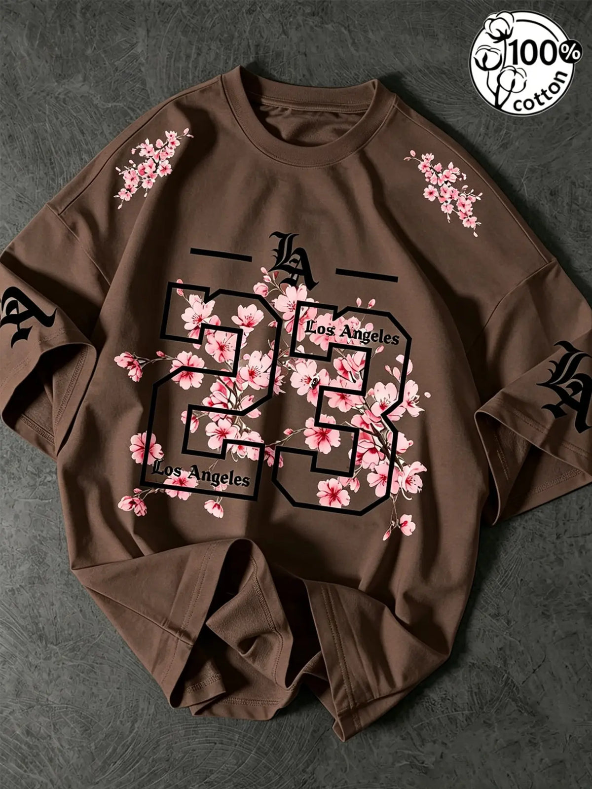 Unisex 100% Cotton Oversized Round Neck Aesthetic T-Shirt, Los Angeles 23 Gothic Cherry Blossom Print, Y2K Streetwear Top