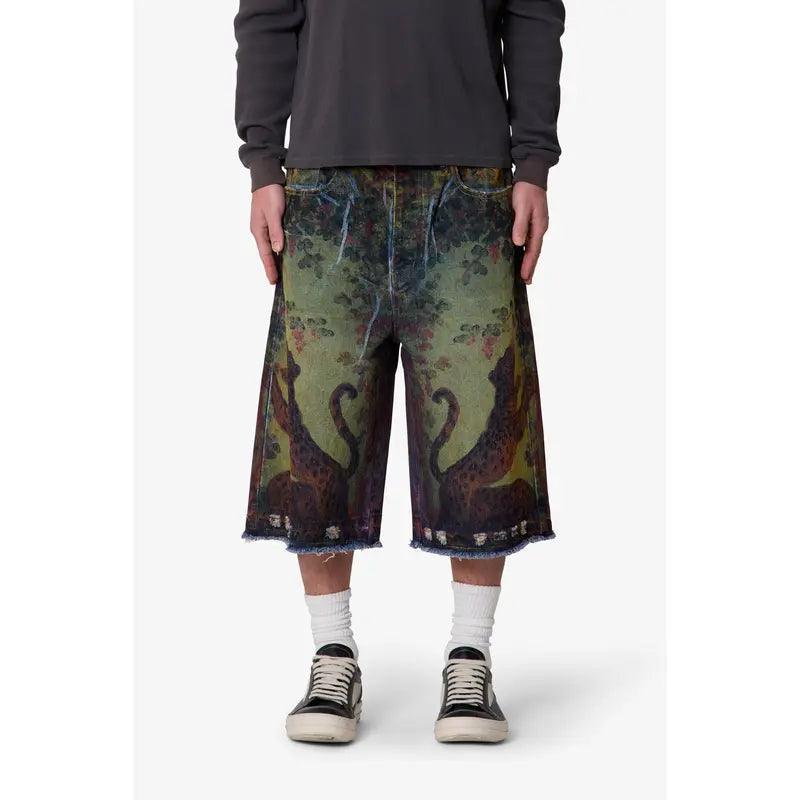 mnml Ultra Baggy Leopard Denim Shorts - Multi Vintage Sublimation