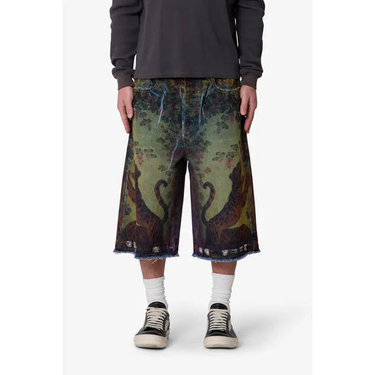 mnml Ultra Baggy Leopard Denim Shorts - Multi Vintage Sublimation