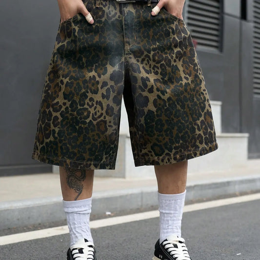 Men's Retro Leopard Print Denim Jean Shorts, Summer Streetwear Loose-Fit Wide-Leg Shorts, Trendy Relaxed Fashion Style Streetwear Bottom, Loose Casual Fashion