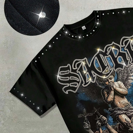 Men's Blessed Rhinestone-Collar Cotton T-Shirt, Fashion Dark Angel Graphic Print Round-Neck Top, Casual Streetwear, Vintage Retro Style Short-Sleeve Shirt, Casual Graphic Tee