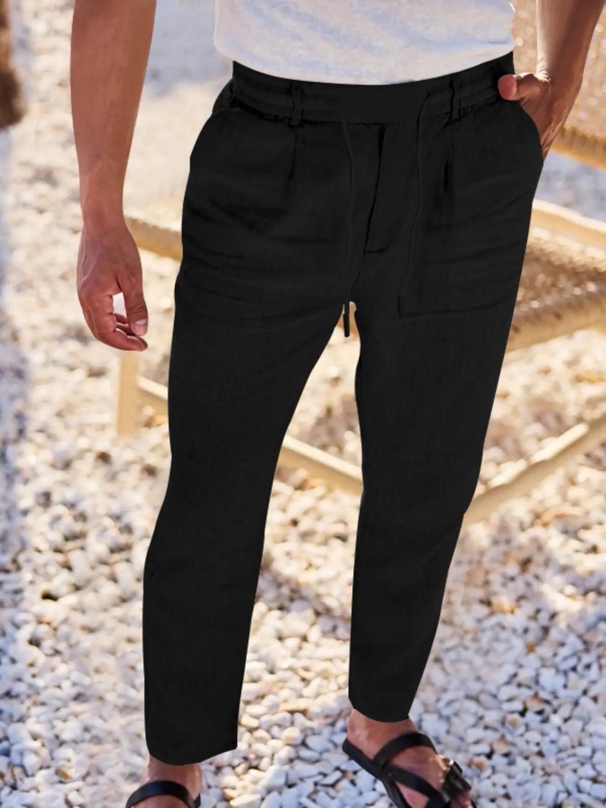 Men's Linen Pants, Fashion Trousers, Pocket Drawstring Solid Color Plain Hip Hop Beach Sports Wide Leg Long Pants, Comfortable Versatile All-Season Wear