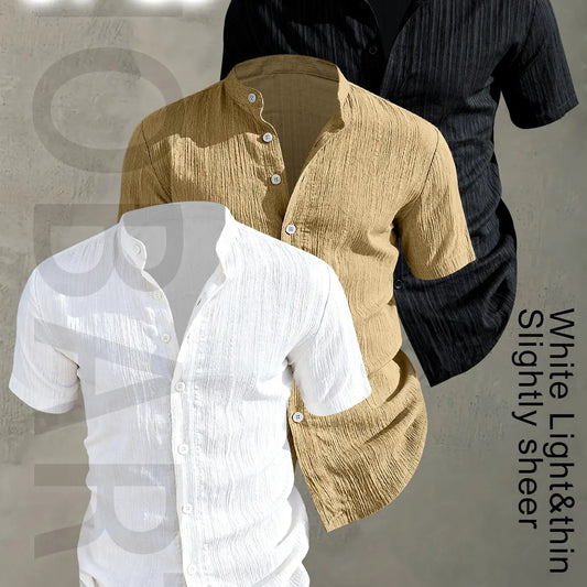 3pcs Set Men's Summer Short Sleeve - Lightweight Breathable Plain Color Button-Up Casual Shirt with Stand Collar, Low-cut collar designr Beach Vacation, Pool Party & Casual Attire, Beach Shirt, Collared Fitted Shirt, gift for husband