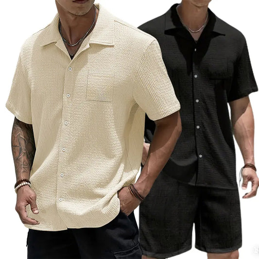 Men's Lightweight Breathable Textured Waffle Camp Collar Button Down Shirt - Wrinkle Resistant Summer Resort Casual Top