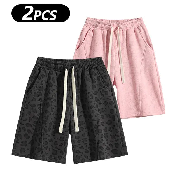Men's Cotton Blend Sweat Shorts Casual Athletic Lounge, Loose Fit Drawstring with Pockets, Leopard Print Acid Wash, for Summer Workouts, Streetwear & Gym-to-Lounge