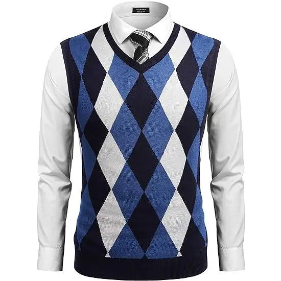 Fall Outfits Men's V-Neck Sleeveless Argyle Sweater Vest Slim Fit Casual Knitted Pullover for Spring Autumn Winter Office Wear & Party Events