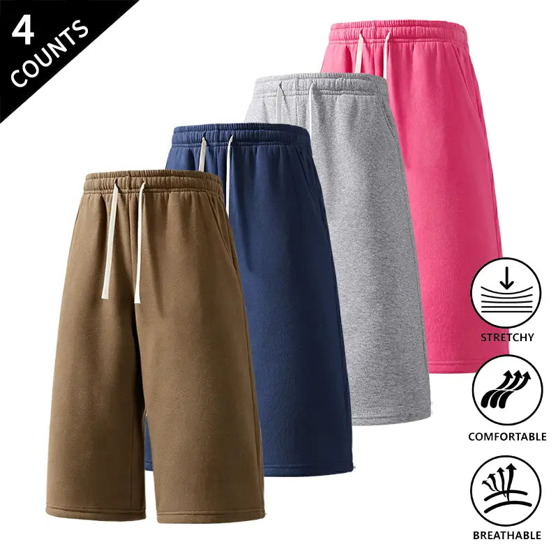 Men's Plain Fabric Casual Lounge Capri Pants (4-Pack) - Elastic Waist, Soft, Expandable, Above the Knee Everyday Cropped Bottoms in Coffee+Black+Light Gray+Rose Red, Light Gray+Black+Rose Red+Dark Gray, Rose Red+Navy Blue+Black+Light Gray
