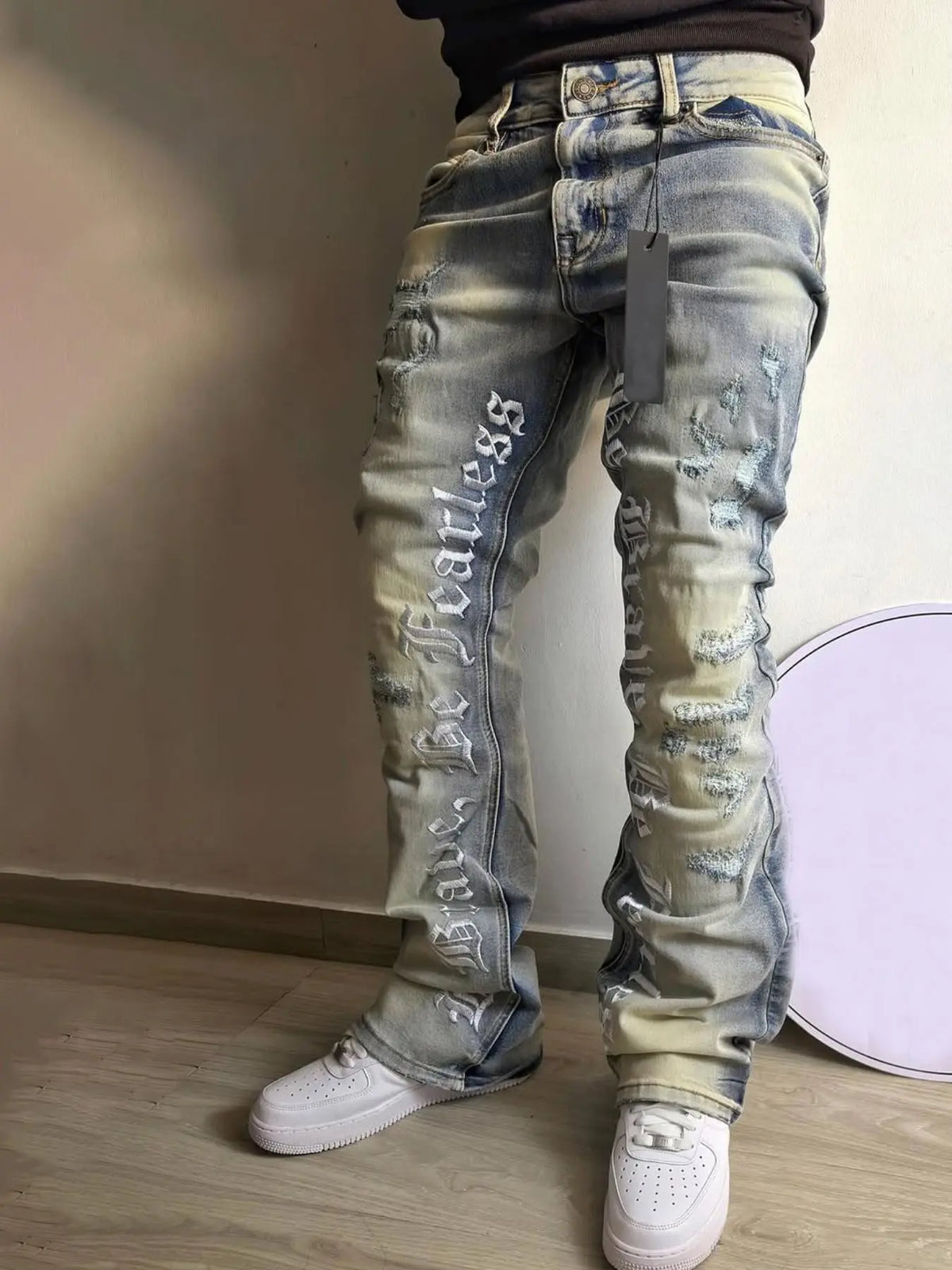 Men's Embroidered Jeans, Micro Flare Denim Jeans, Letter Stitching, Tight Fit, Ripped Bell Bottoms, Washed Y2K Streetwear Style, All Seasons, Pants