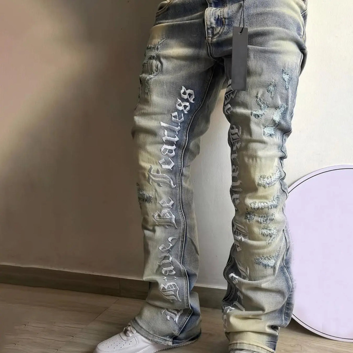 Men's Embroidered Jeans, Micro Flare Denim Jeans, Letter Stitching, Tight Fit, Ripped Bell Bottoms, Washed Y2K Streetwear Style, All Seasons, Pants