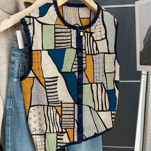 French retro style loose crew neck sleeveless color-block button khaki, Cropped, contrasting art graffiti print women's sweater Graphic sleeveless vest, suitable for spring and summer, vacation style