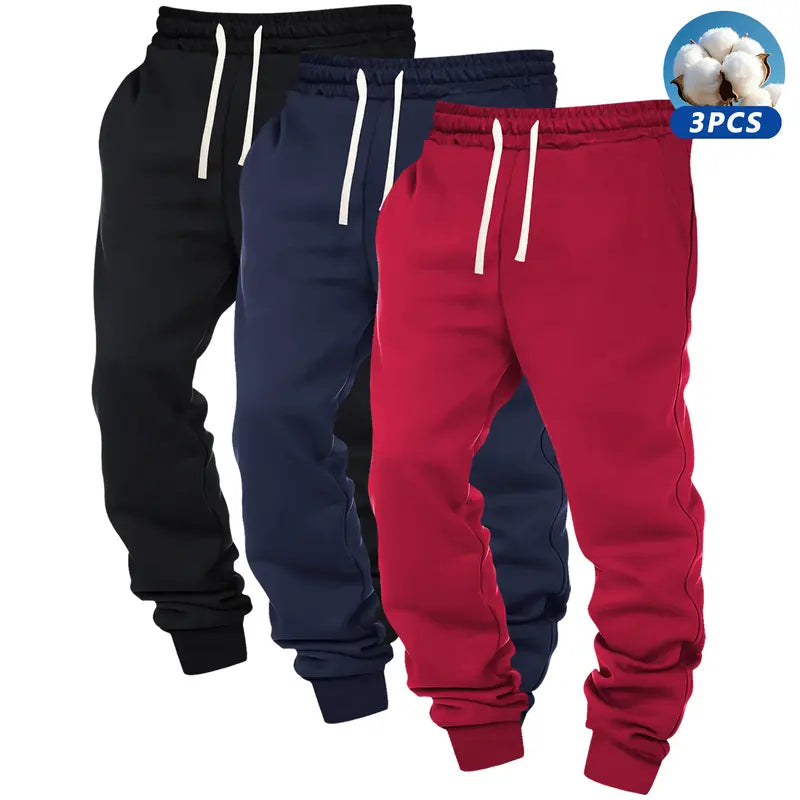 3pcs Men's Solid Cuffed Sweatpants - Elastic Waist Drawstring, Outdoor Fitness Running Daily Wear Pants