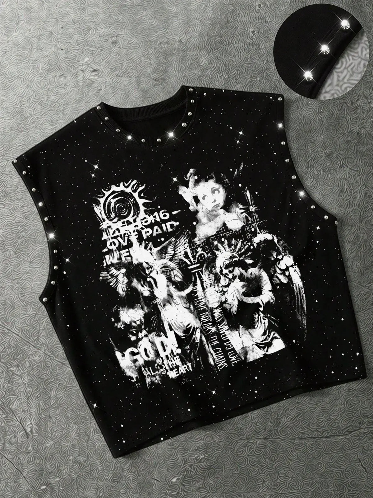 Men's Dark Angel Print Rivet Rhinestone Sleeveless Graphic Vest, Vintage Splatter Loose Fit, Summer Streetwear, Slimming and Versatile