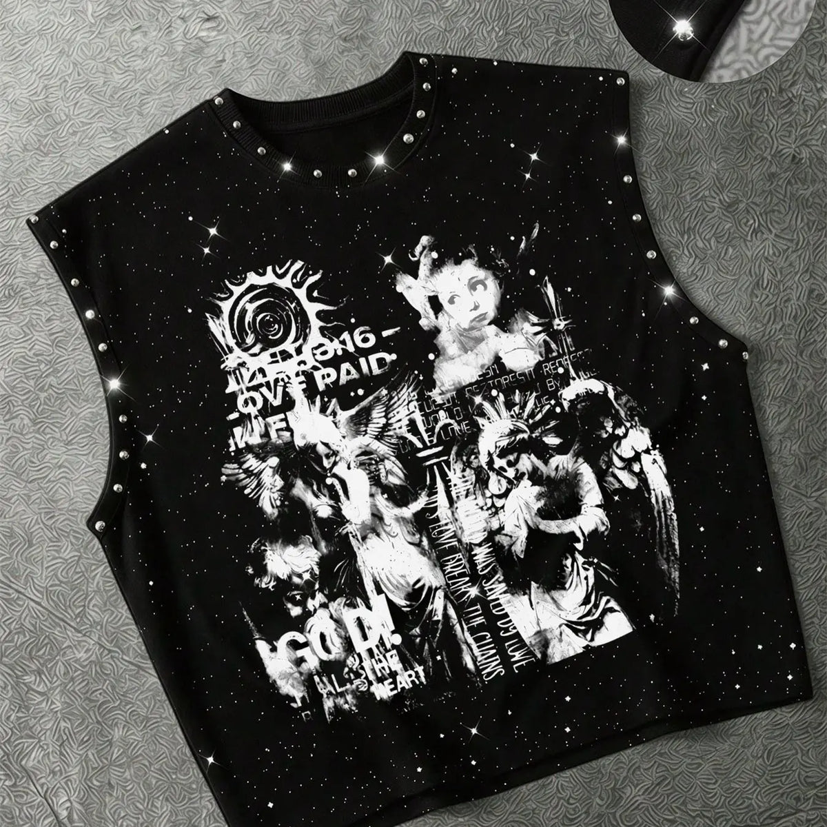 Men's Dark Angel Print Rivet Rhinestone Sleeveless Graphic Vest, Vintage Splatter Loose Fit, Summer Streetwear, Slimming and Versatile