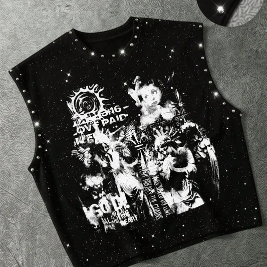 Men's Dark Angel Print Rivet Rhinestone Sleeveless Graphic Vest, Vintage Splatter Loose Fit, Summer Streetwear, Slimming and Versatile