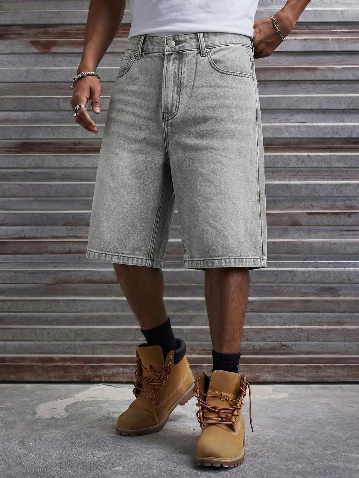 Men's Loose Fit Oversize Wide Leg Casual Fashion Denim Shorts, Classic Street Style, Plain Color with Pocket Design