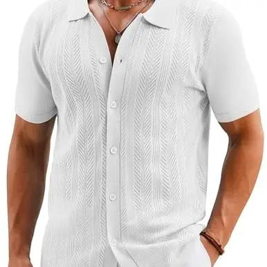 COOFANDY Mens Knit Button Down Shirts Short Sleeve Vintage Polo Shirt Casual Vacation Beach Shirts