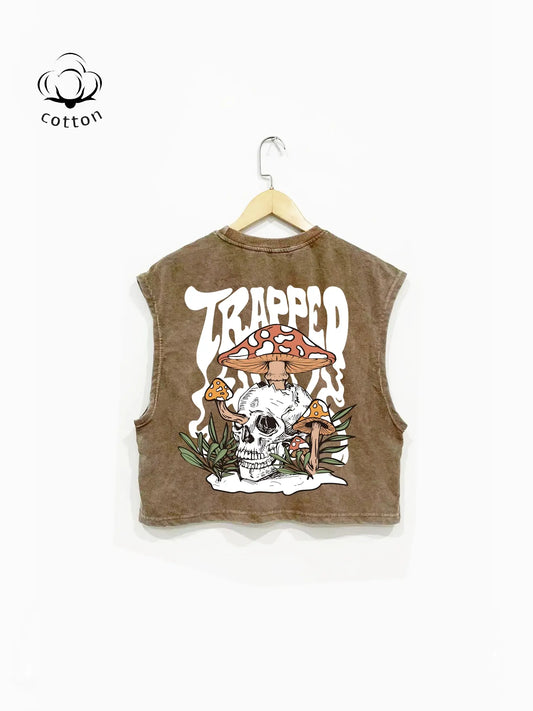 Autumn Winter Loose-Fit Oversized Skull Mushroom Graphic Print Sleeveless Soft Cotton Knit Fashion Vest Top, Casual Street Style Round Neck Design, Perfect Daily Wear & Layering Piece
