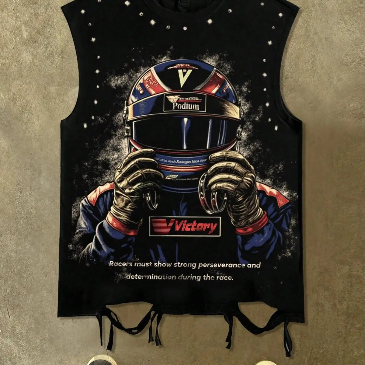 Retro racing style helmet with driver portrait print, distressed drawstring sleeveless vest, Victory slogan, Podium logo, distressed hem, men's black loose round neck casual top, unisex style, Streetwear, street style