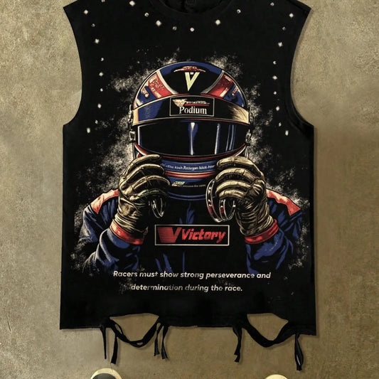 Retro racing style helmet with driver portrait print, distressed drawstring sleeveless vest, Victory slogan, Podium logo, distressed hem, men's black loose round neck casual top, unisex style, Streetwear, street style