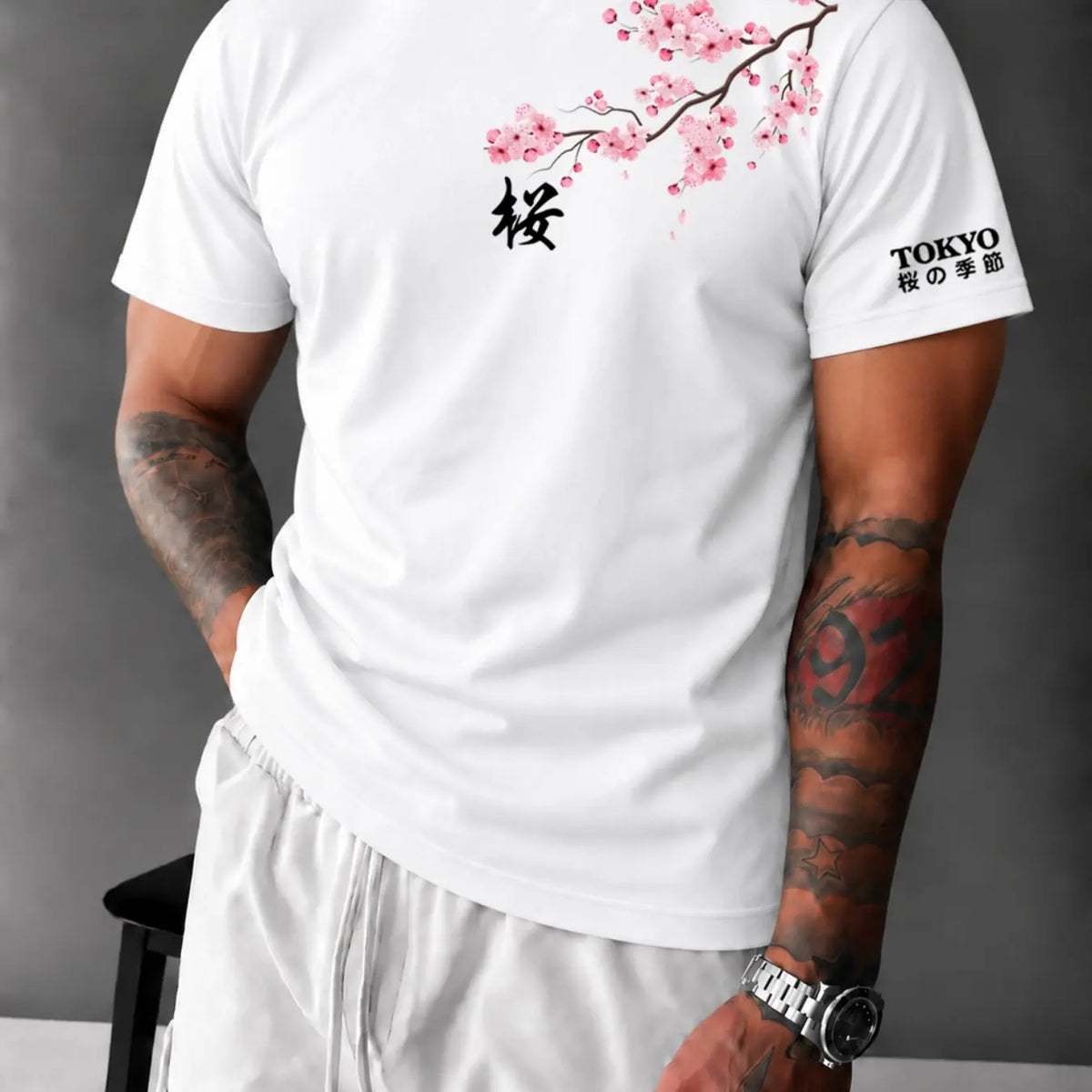 Men's Tokyo Cherry Blossom Fitted T‑Shirt, Casual Japanese Streetwear Tee, Breathable Soft Summer Top#CherryBlossomTee #TokyoStreetwear #JapanesePrintTShirt #FittedTee #TikTokMadeMeBuyIt #StreetwearFashion #SummerTees