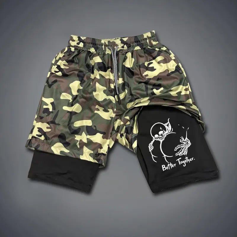 Men's Double-Layer Graphic Shorts - Black, Camo - Streetwear, Vacation Outfits - Bottoms for Menswear Ensembles