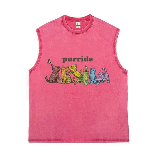 Men's 100% Soft Cotton Loose Relaxed Fit Distressed Acid-Washed Sleeveless Muscle Tank Top - Vintage Retro LGBTQ Pride Rainbow Cats Butterfly Graphic Unisex Cargo Fabric Gym Streetwear Vest, Multiple Colors Available