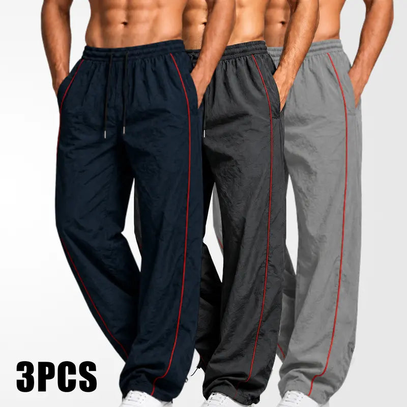 Men's Lightweight Breathable Wide Leg Pants - Reflective Stripe Casual Track Pants with Adjustable Drawstring & Cuffs