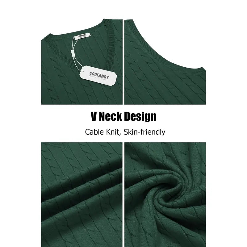 COOFANDY Menswear Men's V-Neck Slim-Fit Ribbed Cable-Knitted Sleeveless Pullover Sweater Vest, Stretchable Soft Lightweight Polyester Fabric, Machine Washable US Sizes, Formal-Casual Thermal Tops for Business Office