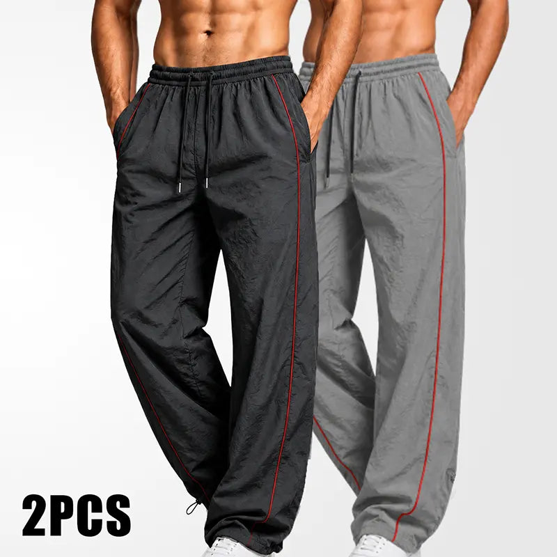 Men's Lightweight Breathable Wide Leg Pants - Reflective Stripe Casual Track Pants with Adjustable Drawstring & Cuffs