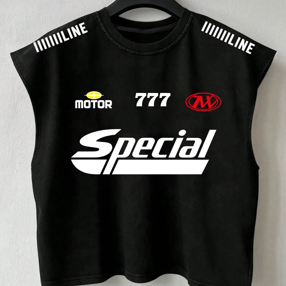 Men's Casual Tank Top, Striped Shoulder, Motor, 777 Number, Pop Art Print, Sporty Style, Loose Fit, Summer Fashion, Multi-Scene Wear