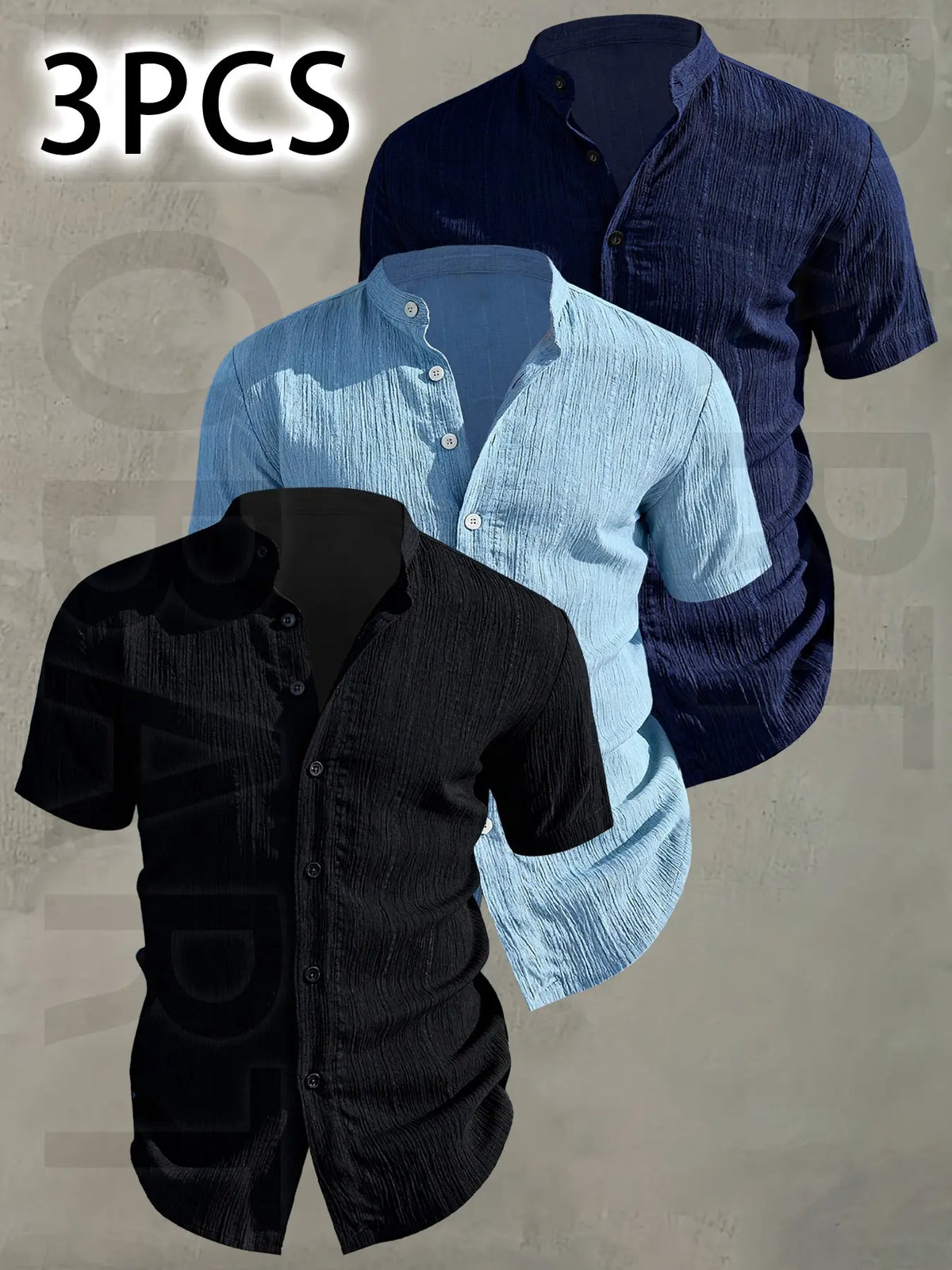3pcs Set Men's Summer Short Sleeve - Lightweight Breathable Plain Color Button-Up Casual Shirt with Stand Collar, Low-cut collar designr Beach Vacation, Pool Party & Casual Attire, Beach Shirt, Collared Fitted Shirt, gift for husband