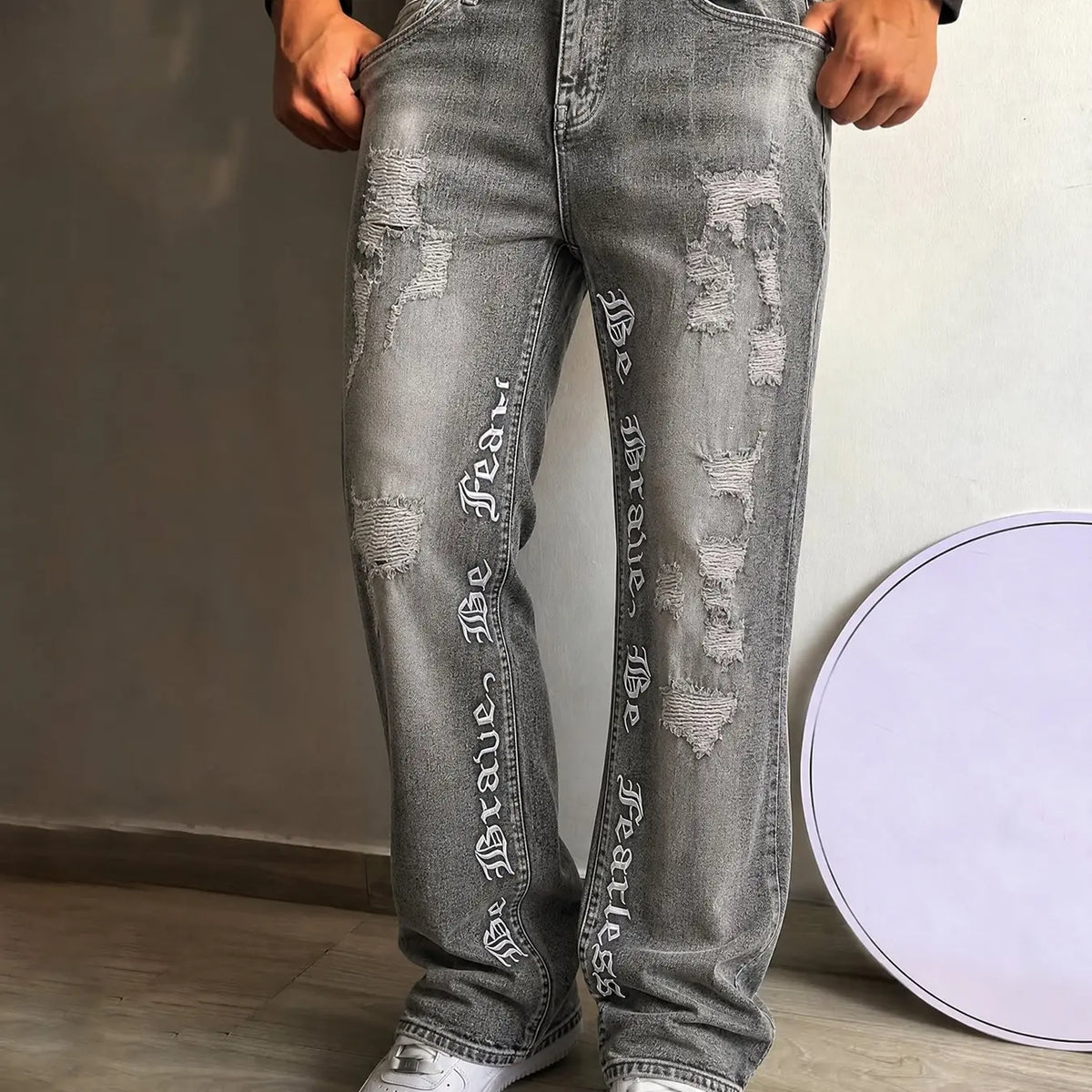 Men's Embroidered Jeans, Micro Flare Denim Jeans, Letter Stitching, Tight Fit, Ripped Bell Bottoms, Washed Y2K Streetwear Style, All Seasons, Pants