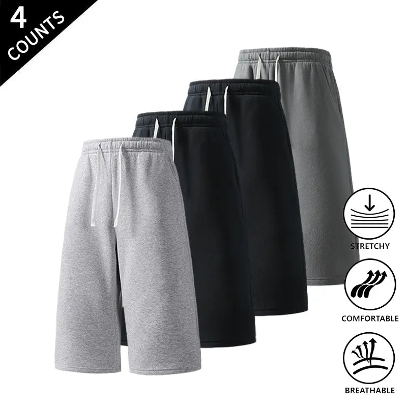 Men's Plain Fabric Casual Lounge Capri Pants (4-Pack) - Elastic Waist, Soft, Expandable, Above the Knee Everyday Cropped Bottoms in Coffee+Black+Light Gray+Rose Red, Light Gray+Black+Rose Red+Dark Gray, Rose Red+Navy Blue+Black+Light Gray