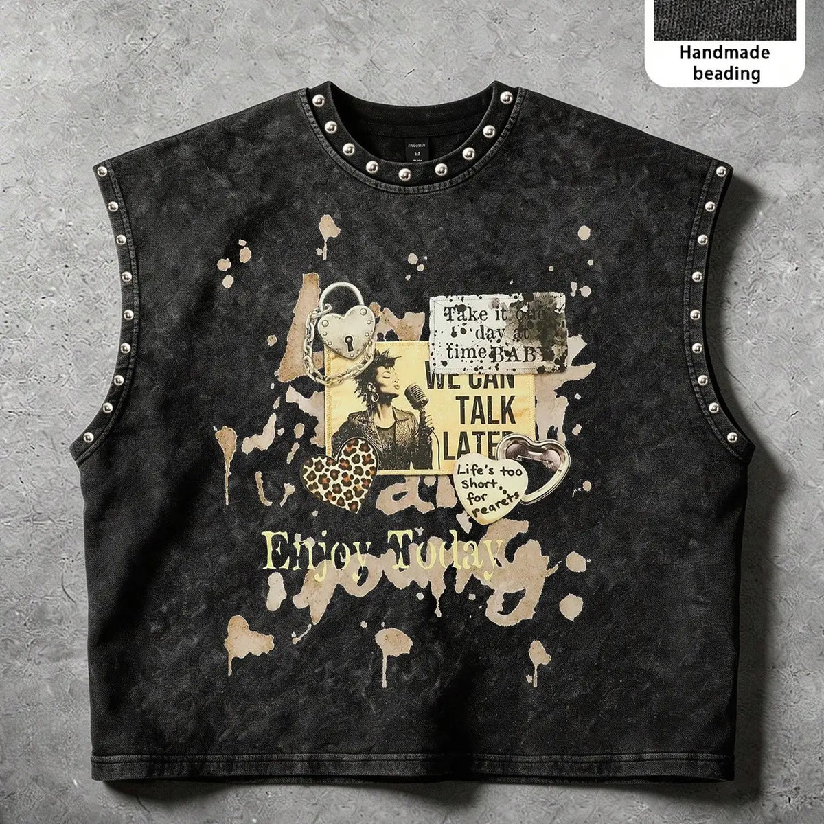 Unisex Short Sleeveless Cotton Top, Y2K Graphic Print, Casual Loose-Fit H-Type Design, Plain Surface, Unlined, No Buttons or Zippers