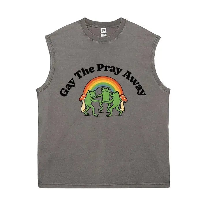 Vintage Washed Sleeveless Tank Top - 100% Cotton Casual Streetwear, Relaxed Loose Fit, Distressed Retro Muscle Tee with Rainbow Dancing Frog Mushroom Cartoon Print for LGBTQ Pride, Summer