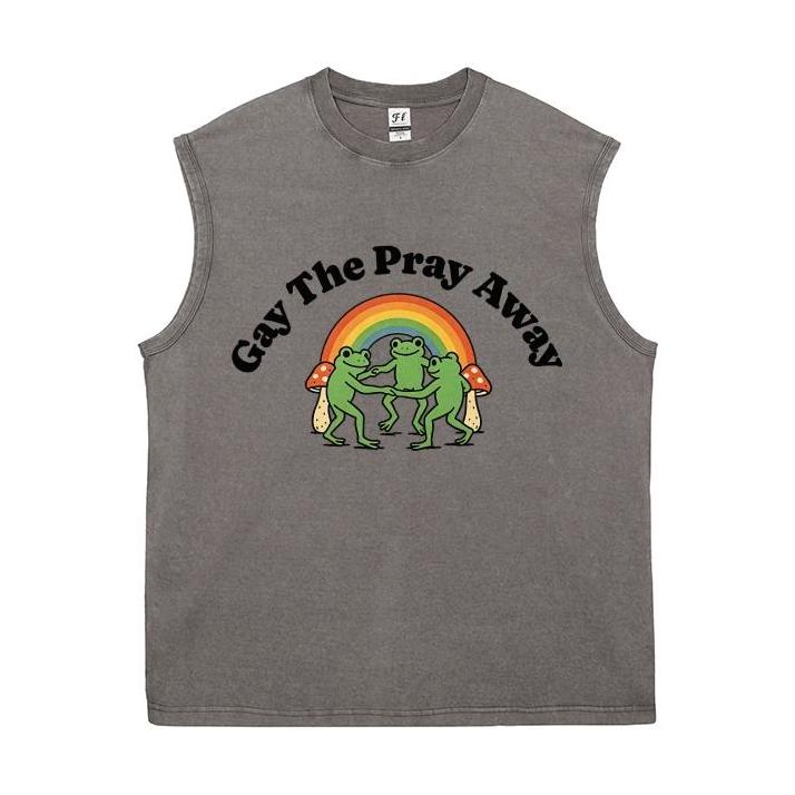 Vintage Washed Sleeveless Tank Top - 100% Cotton Casual Streetwear, Relaxed Loose Fit, Distressed Retro Muscle Tee with Rainbow Dancing Frog Mushroom Cartoon Print for LGBTQ Pride, Summer